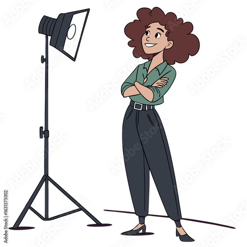 Vector art of woman photographer standing with crossed arms in a studio with lighting equipment