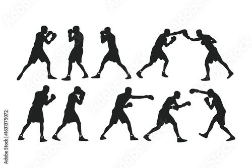 Set of boxer silhouettes in various fighting poses. Vector icons of a fighter for gym, combat sports logo, or fitness design.