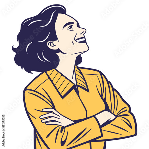 Vector art of happy woman looking up with arms crossed, isolated on white background