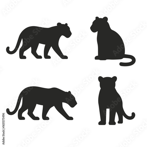 Simple Silhouette Panther Illustration Isolated in Various Poses Animal Image