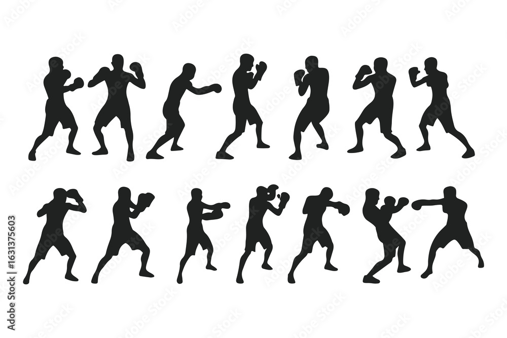 Fototapeta premium Set of boxer silhouettes in various fighting poses. Vector icons of a fighter for gym, combat sports logo, or fitness design.