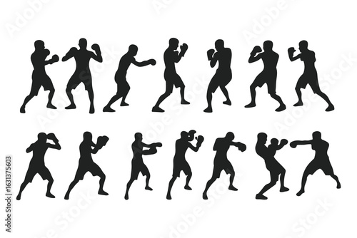 Set of boxer silhouettes in various fighting poses. Vector icons of a fighter for gym, combat sports logo, or fitness design.