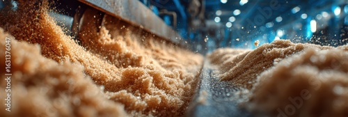 Sugar production process in a modern factory showcasing raw sugar flowing on conveyor belt