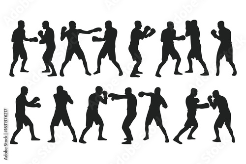Set of boxer silhouettes in various fighting poses. Vector icons of a fighter for gym, combat sports logo, or fitness design.