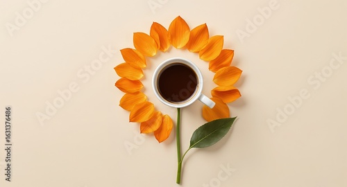 Coffee Cup Flower Petals Creative Arrangement Minimalist Design