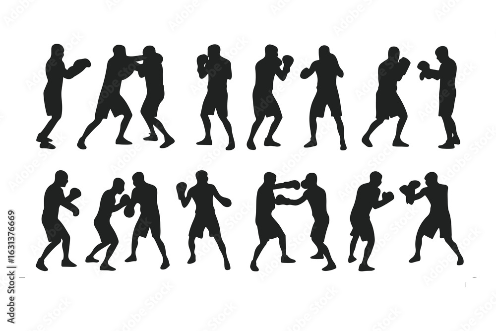 Obraz premium Set of boxer silhouettes in various fighting poses. Vector icons of a fighter for gym, combat sports logo, or fitness design.