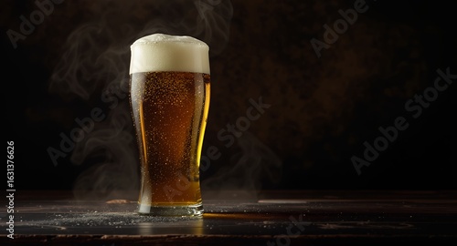 Cold Glass of Beer with Frothy Head and Condensation