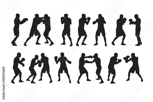 Set of boxer silhouettes in various fighting poses. Vector icons of a fighter for gym, combat sports logo, or fitness design.