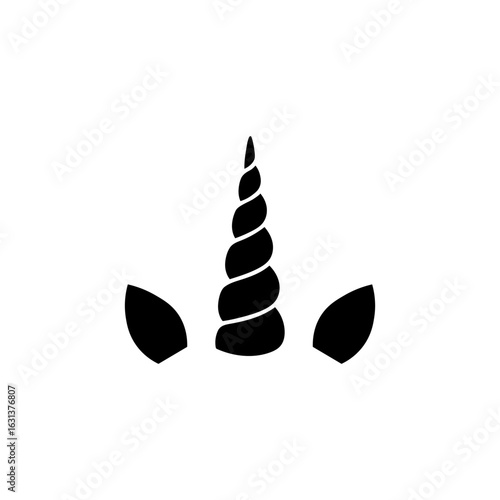 Unicorn horn and ears silhouette vector flat design on white background.
