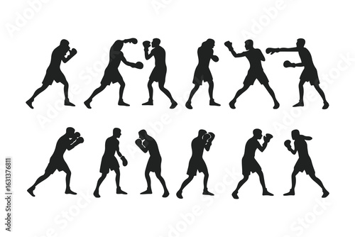 Set of boxer silhouettes in various fighting poses. Vector icons of a fighter for gym, combat sports logo, or fitness design.