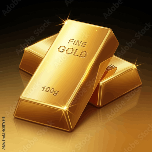 Two gleaming fine gold bars, weighing 100 grams each, are elegantly stacked against a dark, reflective background, symbolizing wealth and prosperity.