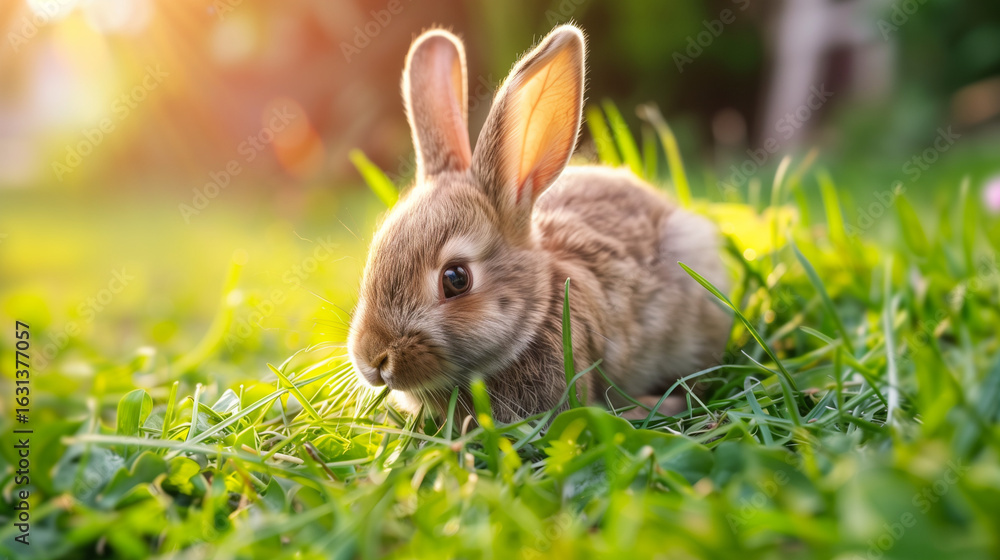 Fototapeta premium Baby rabbit eating grass outdoor on sunny summer day. Easter bunny in garden. Home pet for kid. Cute pets and animals for family with children