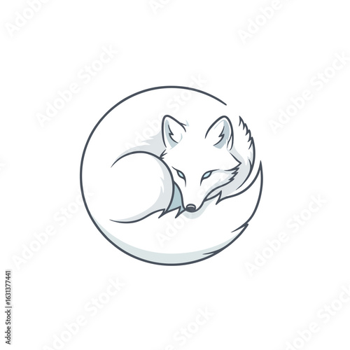 Minimalist Arctic Fox Logo, Curled Up in a Circle, Smooth Clean Lines
