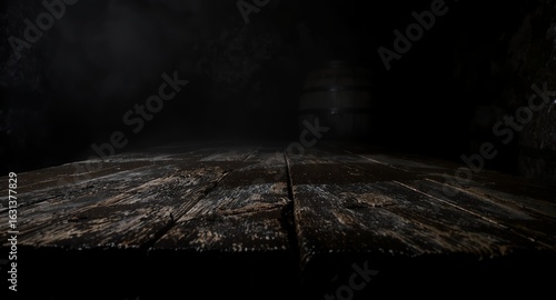 Dark Wooden Table Background with Smoke and Barrel