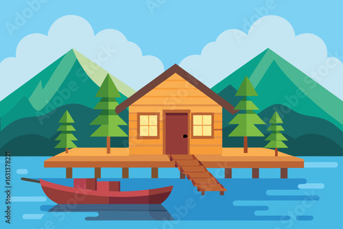 Lake Cabin with Canoes on the Dock