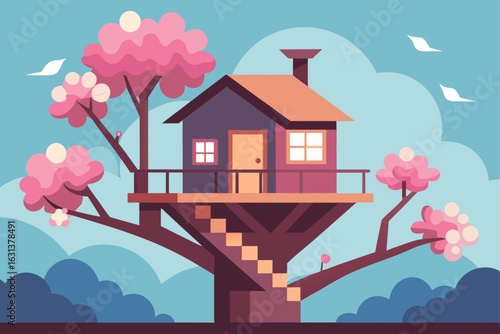 Cherry Blossoms Surrounding Modern Treehouse