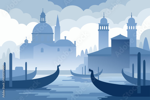 Gondolas Floating Through Misty Venice