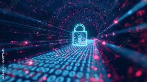 Digital representation of data security with a glowing lock amidst flowing binary code and vibrant colors