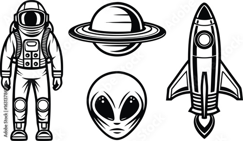 Retro space icons featuring astronaut alien planet and rocket ship in vintage style