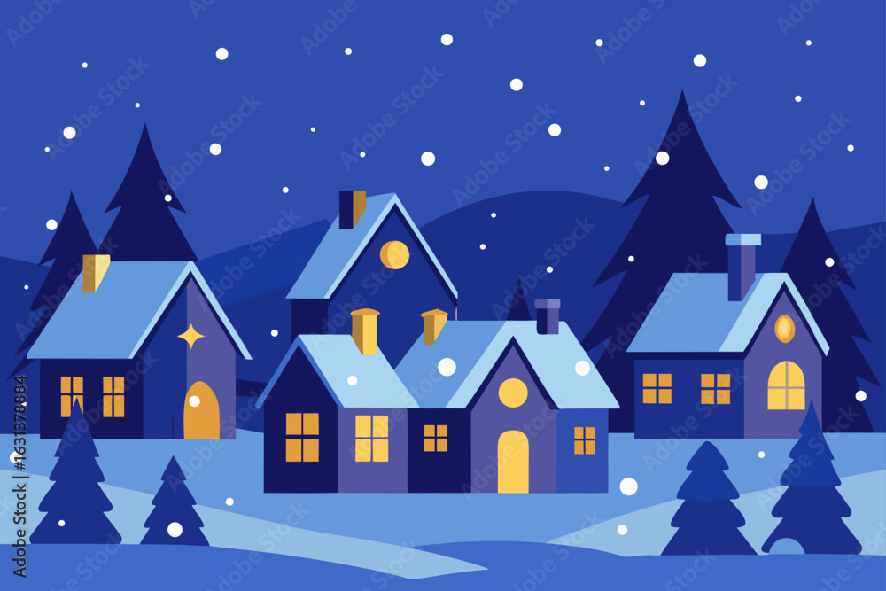 Fototapeta premium Snowfall Over Quaint Village Scene