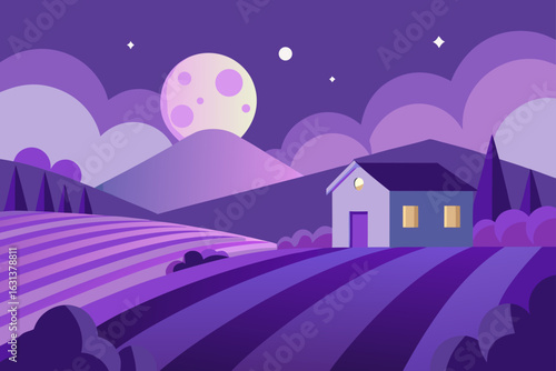 Lavender Field Under Glowing Moonlight