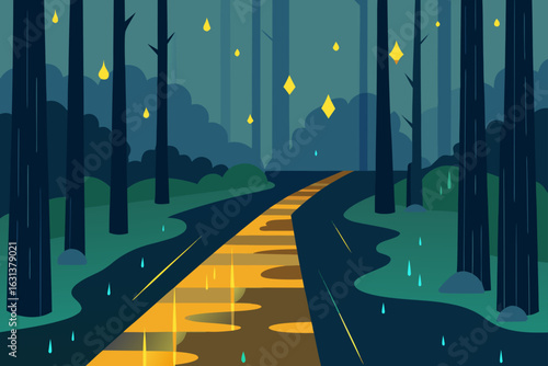 Glowing Puddles on Forest Road