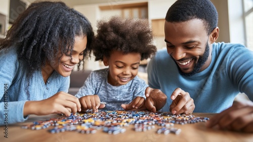 Engaged African American Family Solving a Jigsaw Puzzle at Home Together