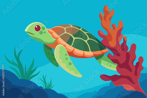 Coral Reef and Turtle in Clear Water