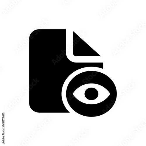 Black and white icon depicting a document with a folded corner and an eye symbol overlaying it exactly