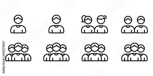 Minimalist Black Group People Icons Set,user icon set person profile contact people group,Diverse set of person icons in various styles,Minimalist black silhouettes,Team and user icon pack, team,Ai