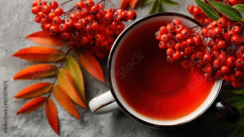 Autumnal teacup with vibrant red rowan berries and colorful leaves on a gray stone surface