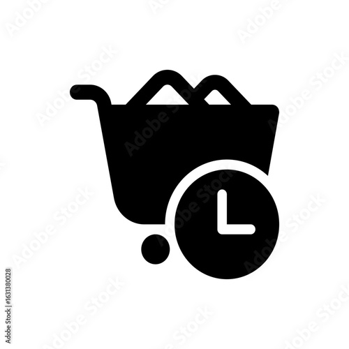 Black shopping cart with items inside and a clock icon indicating delivery time on a white background