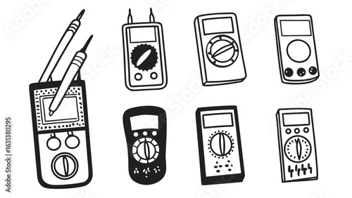 Set of hand drawn digital multimeters in black and white, isolated vector illustration