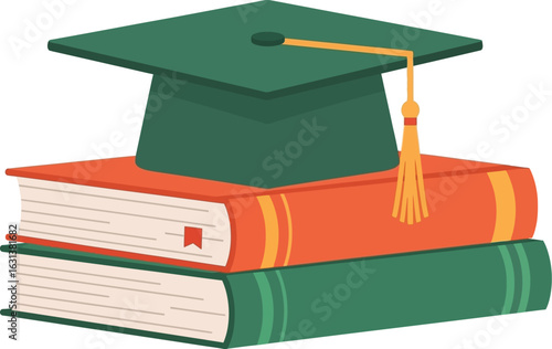 Celebrate academic achievements with graduation cap atop stacked study books