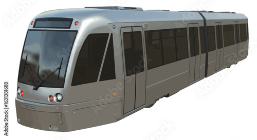 Silver commuter train on a plain background, public transportation