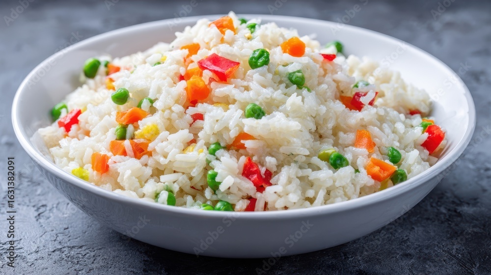 The delicious rice dish with colorful vegetables served in a bowl. The delicious rice dish with colorful vegetables served in a bowl.