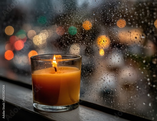 Candle on windowsill in rain