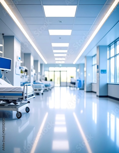 Bright hospital corridor with beds and medical equipment