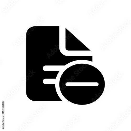Document with a minus sign inside a circle indicating removal or deletion on a black background icon image
