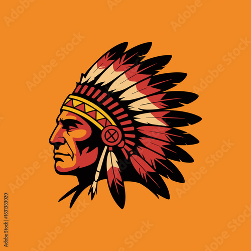Bold Native American Chief Head Mascot Logo in Profile Wearing a Traditional Feather Headdress, Designed in a Retro Graphic Style on an Orange Background
