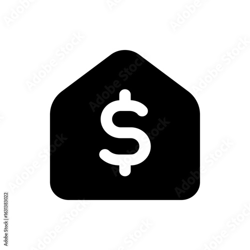 Illustration of a house shaped icon in black with a white dollar sign in the middle of the house shape