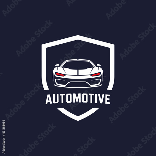 Sleek Modern Sports Car Silhouette Logo on a Shield Emblem with Glowing Headlights, Ideal for Automotive, Repair, Racing, or Luxury Vehicle Branding
