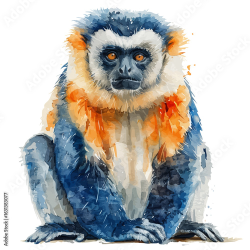 watercolor vector of Gibbon, isolated on a white background.
