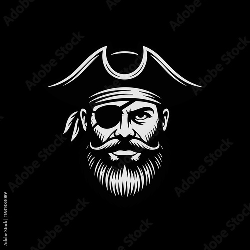 Intense Black and White Pirate Portrait Logo with Tricorn Hat, Eyepatch, and Full Beard, Designed in a Vintage Engraving Style for a Mascot or Brand