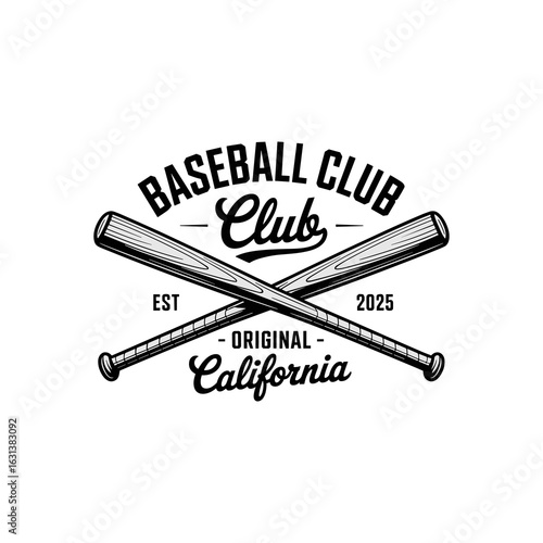 Retro Vintage Style Baseball Club Logo with Engraved Crossed Bats, Classic American Sport Emblem for Team, League, or Sportswear Branding