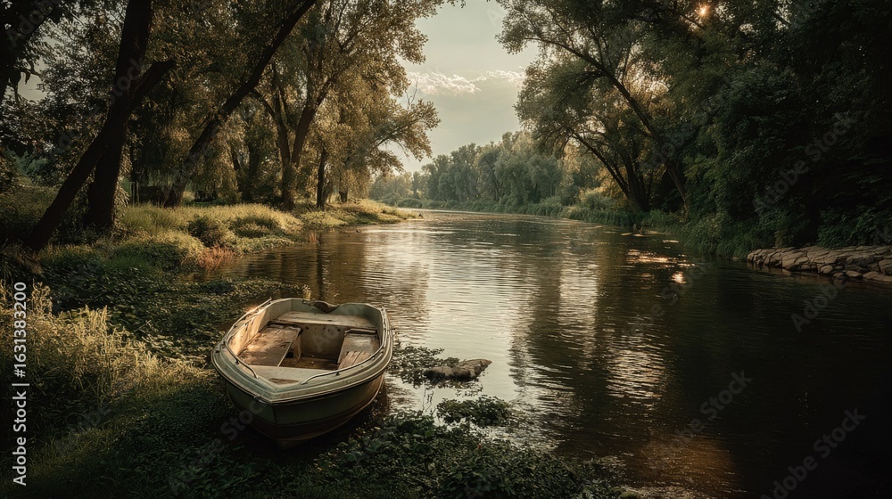 Fototapeta premium Serene River Landscape with Rowboat: A Tranquil Scene of Nature and Reflection