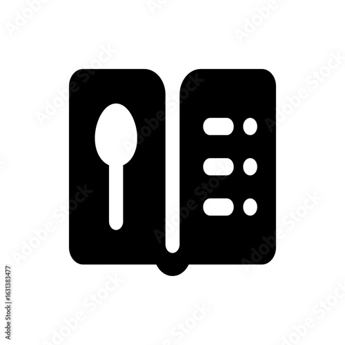Illustration of an open cookbook with a spoon on one page and a list of items on the other page