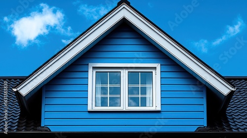 Vibrant blue roof section with a window