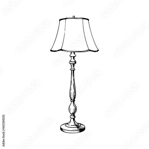 Vintage floor lamp with fabric lampshade, detailed vector line art illustration in classic style