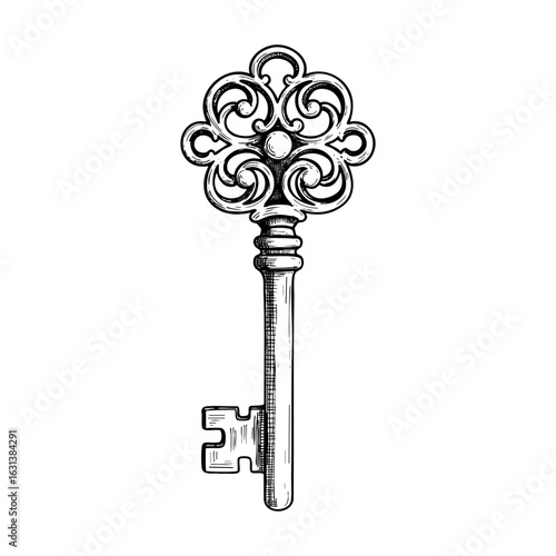 Vintage ornate key with baroque scrollwork, detailed vector line art sketch
